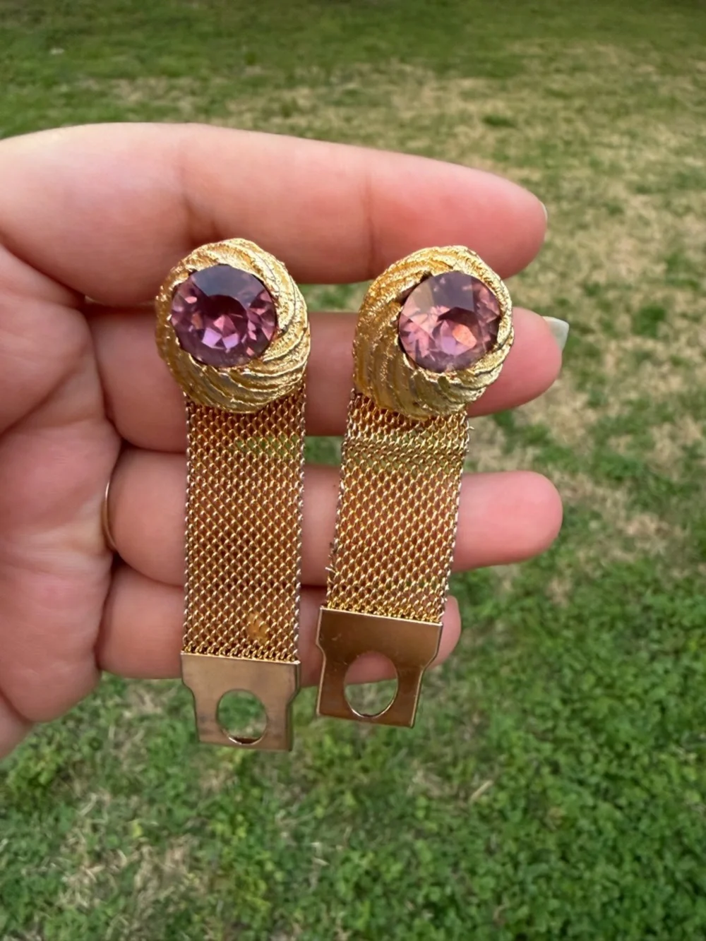 Vintage Gold-Tone Nugget With Purple Stones and Mesh Drop